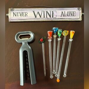 Never Wine Alone Sign, Corkscrew, & Stirrers